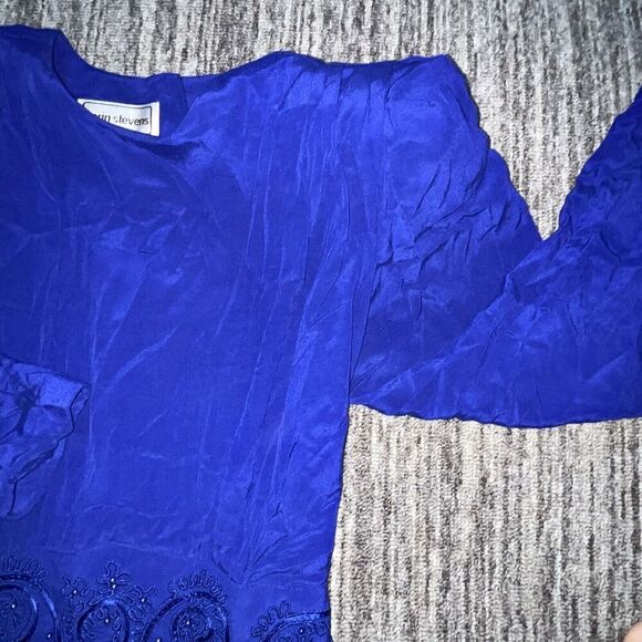 VTG 90s Karin Stevens Dress Blue Midi LS Embroidery Beads Secretary Geek - Picture 3 of 14